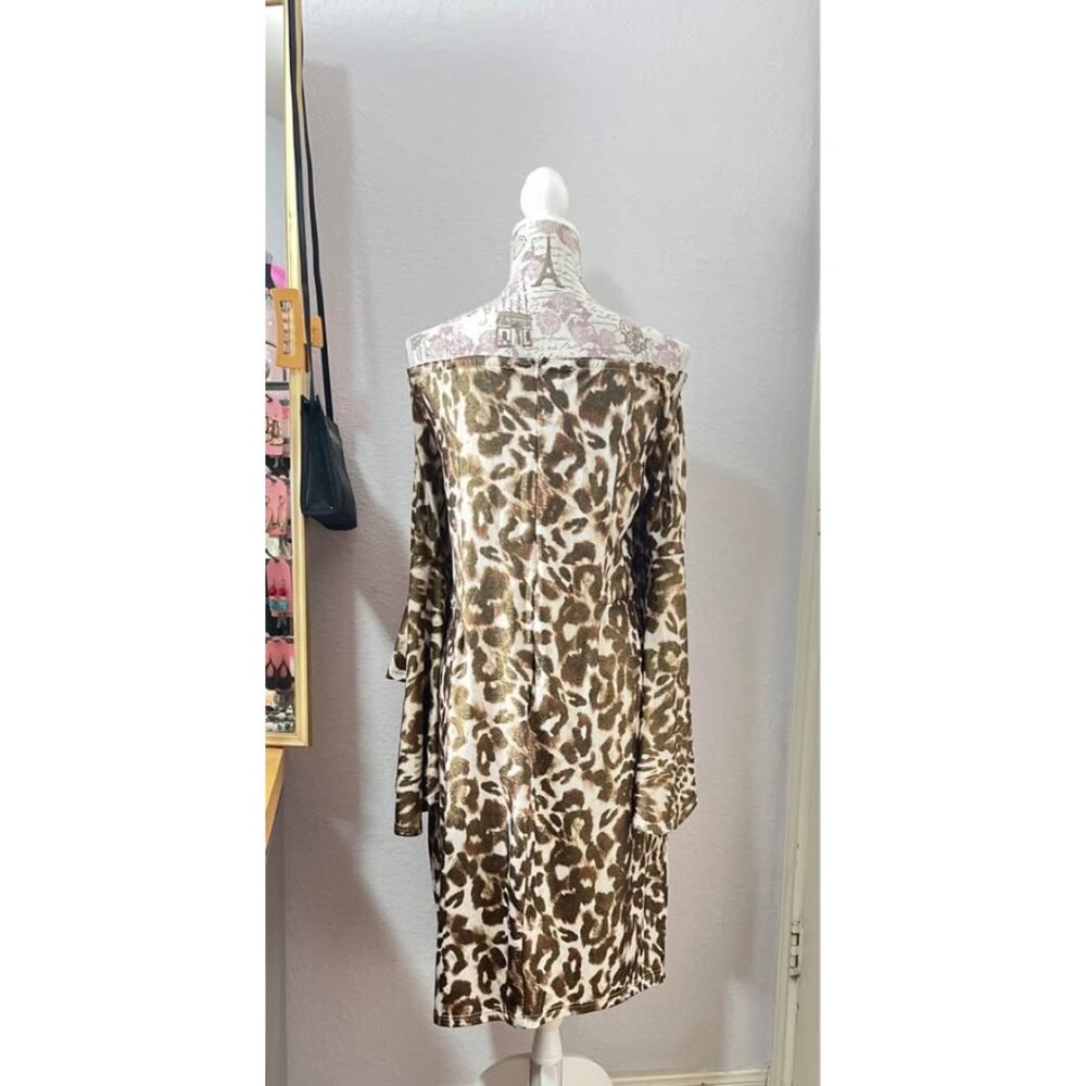 Leopard Print Off-Shoulder Dress with Bell Sleeves – Size 14/16